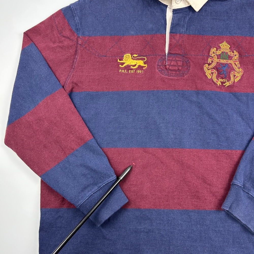 Polo Ralph Lauren Mens XL Rugby Shirt Blue Burgundy Striped Crest Lion Crested - Picture 6 of 11